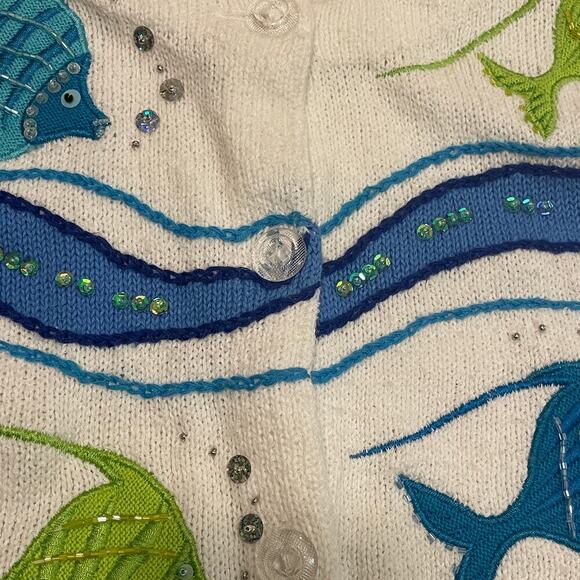 Vintage Design Options L Fish Sequin Cardigan | Rare Coastal Grandma Cottagecore - Picture 11 of 13